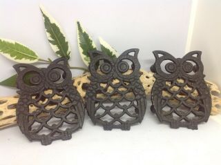Vintage Cast Iron Owl Trivets - 3 Pc Set