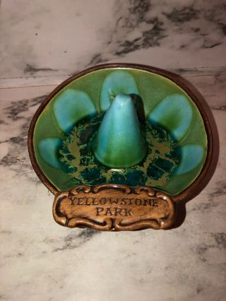 Vintage Yellowstone Park Treasure Craft Usa Green Blue Pottery Ring Dish Ashtray