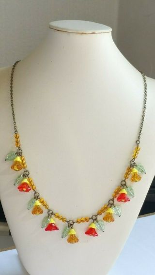 Czech Yellow And Orange Flower Glass Bead Necklace Vintage Deco Style