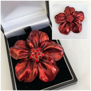 Vintage Jewellery Large Red Enamel & Rhinestone Flower Brooch Pin