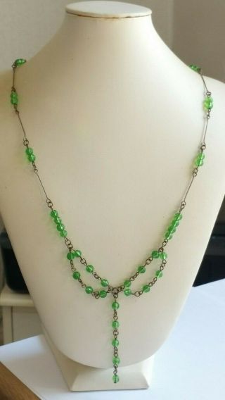 Czech Green Faceted Glass Bead Necklace Vintage Deco Style