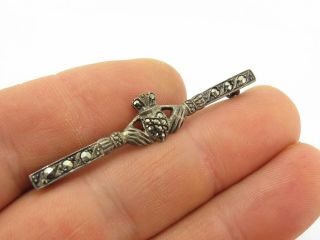 Vintage Sterling Silver 925 & Marcasite Claddagh Brooch Pin