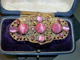 Vintage Czech Art Deco Jewellery Sapphire Pink Glass Moonstone Brooch Shawl Pin