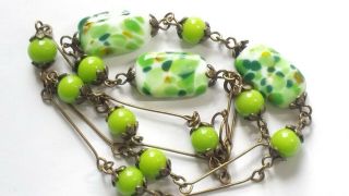 Czech Splatter And Apple Green Glass Bead Necklace Vintage Deco Style