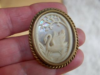 Vintage French Art Deco Jewellery Celluloid Cut Out Swan Bird Picture Brooch Pin