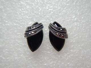 Vintage Sterling Silver Black Onyx & Marcasite Post Earrings
