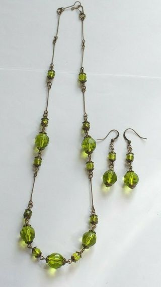 Czech Olive Green Faceted Glass Bead Necklace/earrings Set Vintage Deco Style