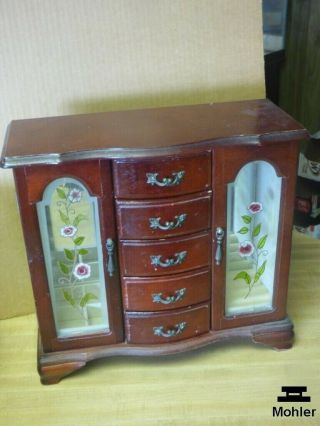 Vintage Wooden Jewelry Box With Stained Glass Doors