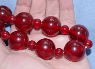 Fine Vintage Cherry Amber Bakelite Faturan Necklace - V Large Round Beads 90.  6g