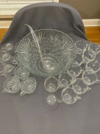 Vintage 18 - Piece Glass 12 " Punch Bowl Set W/ 8 Cups Anchor Hocking Arlington