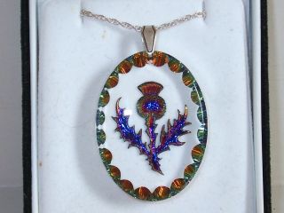Vintage Sherwood Reverse Carved Crystal Thistle Pendant & 925 Silver Chain