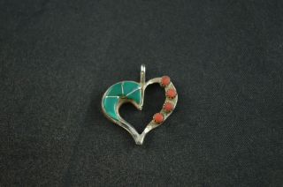 Vintage Sterling Silver Heart Pendant W Turquoise & Coral Beads - 1.  4g