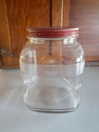 Vtg.  Hoosier Pantry Canister Apothecary Jar Red Lid Ribbed Anchor Hocking Glass.