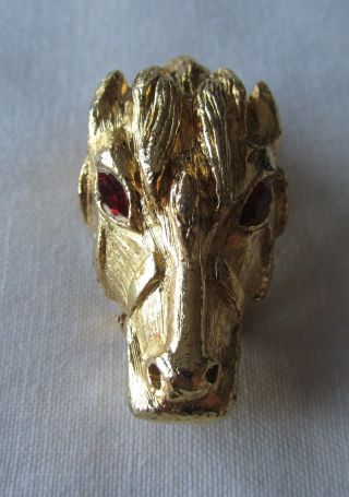 Vintage Gold Tone Horse Head Brooch And Scarf Clip With Red Rhinestones