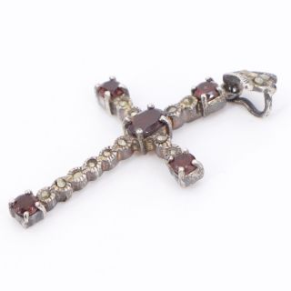 Vtg Sterling Silver - Marcasite Garnet Cross Religious Pendant - 6g