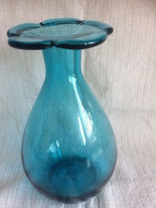 Vintage Blue/ Teal Glass Daisy Shaped Vase - 8” High