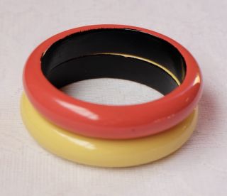 Set Of 2 Vintage Yellow And Orange Painted Wood Bracelet Bangle