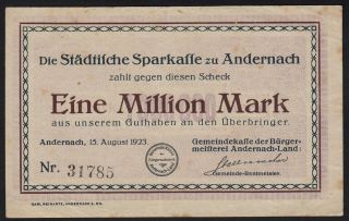 1923 1 Million Mark Andernach Germany Old Vintage Emergency Money Banknote Vf