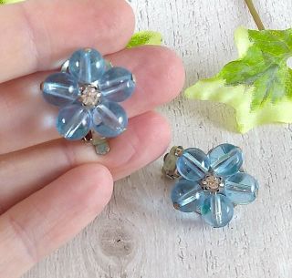 Vintage Pale Blue Flower Cluster Clip On Earrings With Clear Stones
