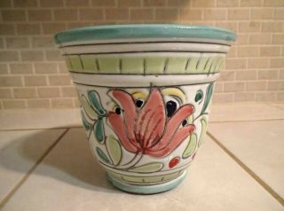 Vintage Italian Pottery Flower Pot Planter Olive And Floral Made In Italy