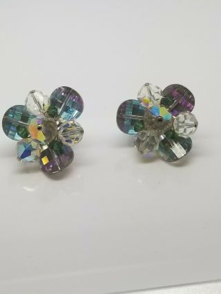 Vintage Signed Vendome Ab Watermelon & Green Crystal Cluster Flower Clip Earring
