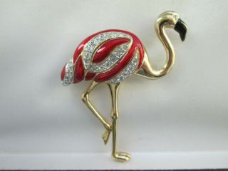 Vintage Jewelery Red Jet Enamel Clear Rhinestone Flamingo Wading Bird Brooch Pin