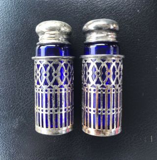 Vtg Salt And Pepper Shakers Cobalt Blue Glass With Silver Plated Covers 2.  75”