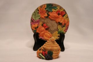 Vintage Miniature Resin Plate With Covered Bowl Autumn