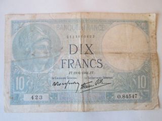 Dix 10 Francs Bank Note Vintage France Currency Circa 1944 Is178
