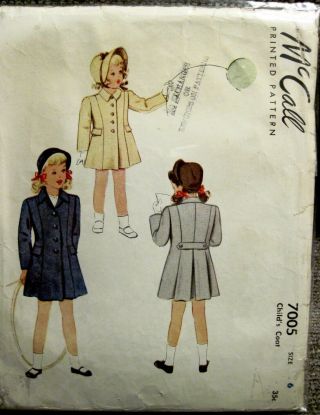 Vintage 1947 Mccall Girls Coat Pattern 7005 Size 6