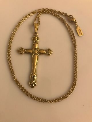 Vintage Style Signed 1928 Goldtone Cross Pendant 24” Chain Necklace Large 2 - 3/8”