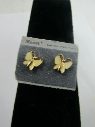 Vintage Monet Butterfly Cream Enamel Gold Tone Pierced Earring 5/8 "