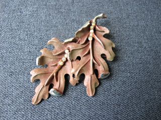 Vintage Bsk Aurora Borealis Rhinestones Brown Enamel Golden Metal Leaf Pin