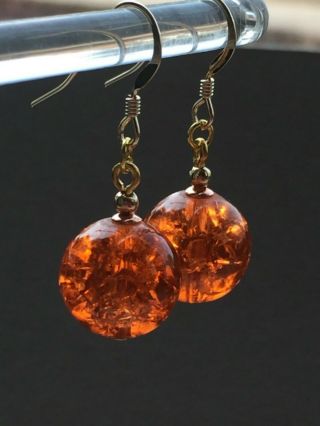 Art Deco Style Vintage Burnt Orange Crackle Glass 14ct Gold Filled Earrings