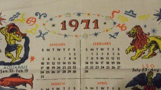 1971 Vintage Kitchen Tea Towel Cloth Printed Linen Calendar Zodiac Vibrant