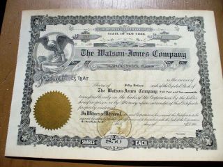 Antique 1907 Stock Certificate Watson Jone Company Newfield N.  Y.  $50.  Vtg