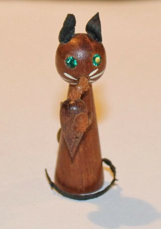 Vtg Wooden Cat With Mouse In His Mouth Pin Whimsical