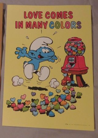 Vintage 1982 Peyo Smurfs Love Comes In Many Colors Poster