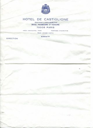 Vintage Hotel Stationery Letterhead Hotel De Castiglione Paris France