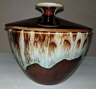 Vintage Usa Brown Drip Ceramic Pottery Sugar Bowl With Lid