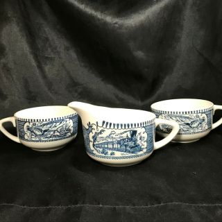 Three Piece Vintage Royal China Currier & Ives Carriage Locomotive Cups Creamer