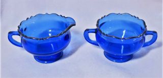 L E Smith Mount Pleasant Blue Cream & Sugar Set Vintage Elegant Depression Glass