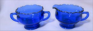 L E Smith MOUNT PLEASANT Blue Cream & Sugar Set Vintage Elegant Depression Glass 4