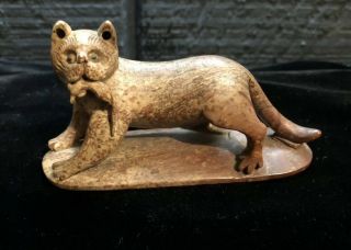 Vintage Carved Soapstone Mountain Lion With Fish
