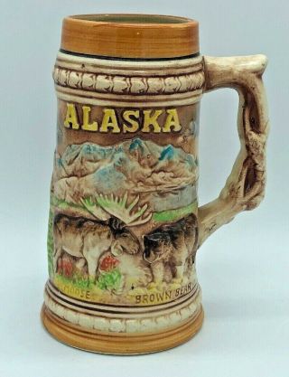 Alaska Large Vintage Beer Stein Mug Japan Made Eskimo Totem Moose Oil Rig