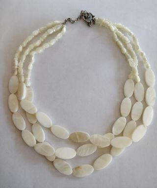 Vintage Three Strand Mother Of Pearl Bead Necklace