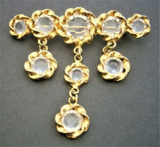 D76:) Vintage Gold Tone Clear Cut Crystal Glass Open Back Glass Tassel Brooch