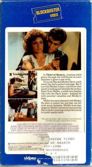 Thief of Hearts VHS 1985 Steven Bauer David Caruso Blockbuster Video Cover VTG 2