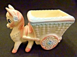 Vintage Donkey With Cart Blue And Pink Floral Container Vase 4678