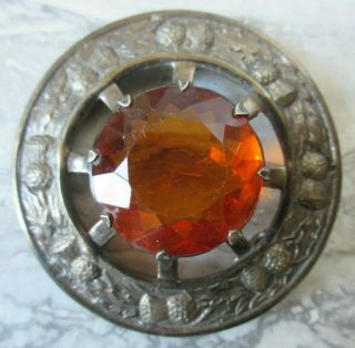 Old Vintage Scottish Thistle Amber Glass Large Kilt Brooch Made In Great Britain